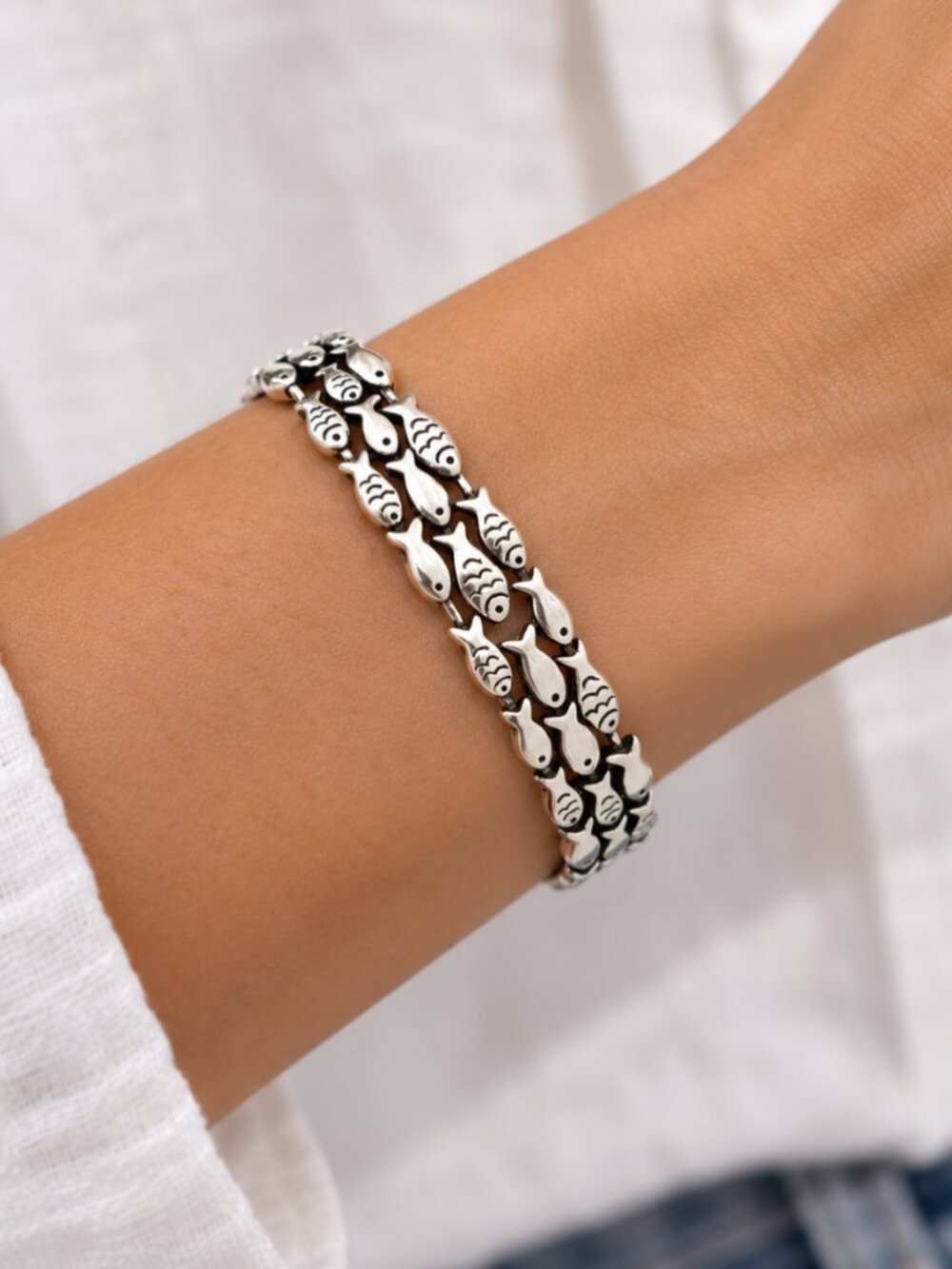 925 Sterling Silver Cuff Bracelet School of Fish Bracelet Modern Silver Bangle - Picture 9 of 9